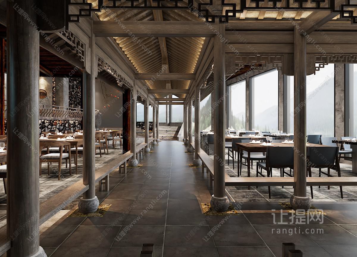 中式饭店餐馆走廊过道