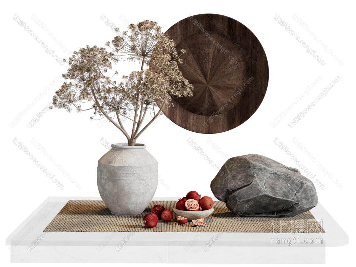 侘寂风花瓶花卉 果盘 石头摆件组合