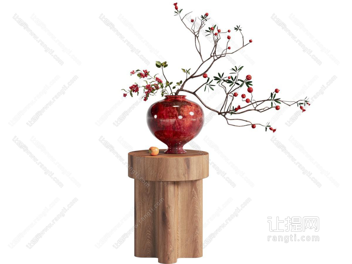 现代红色陶瓷花瓶花卉 摆件组合