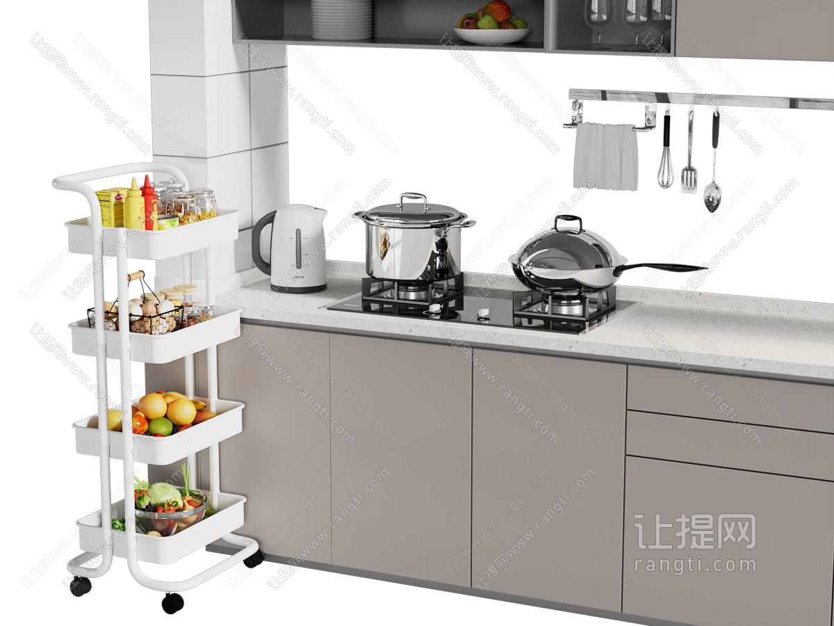 现代燃气灶 锅具 水果蔬菜置物架 厨具组合