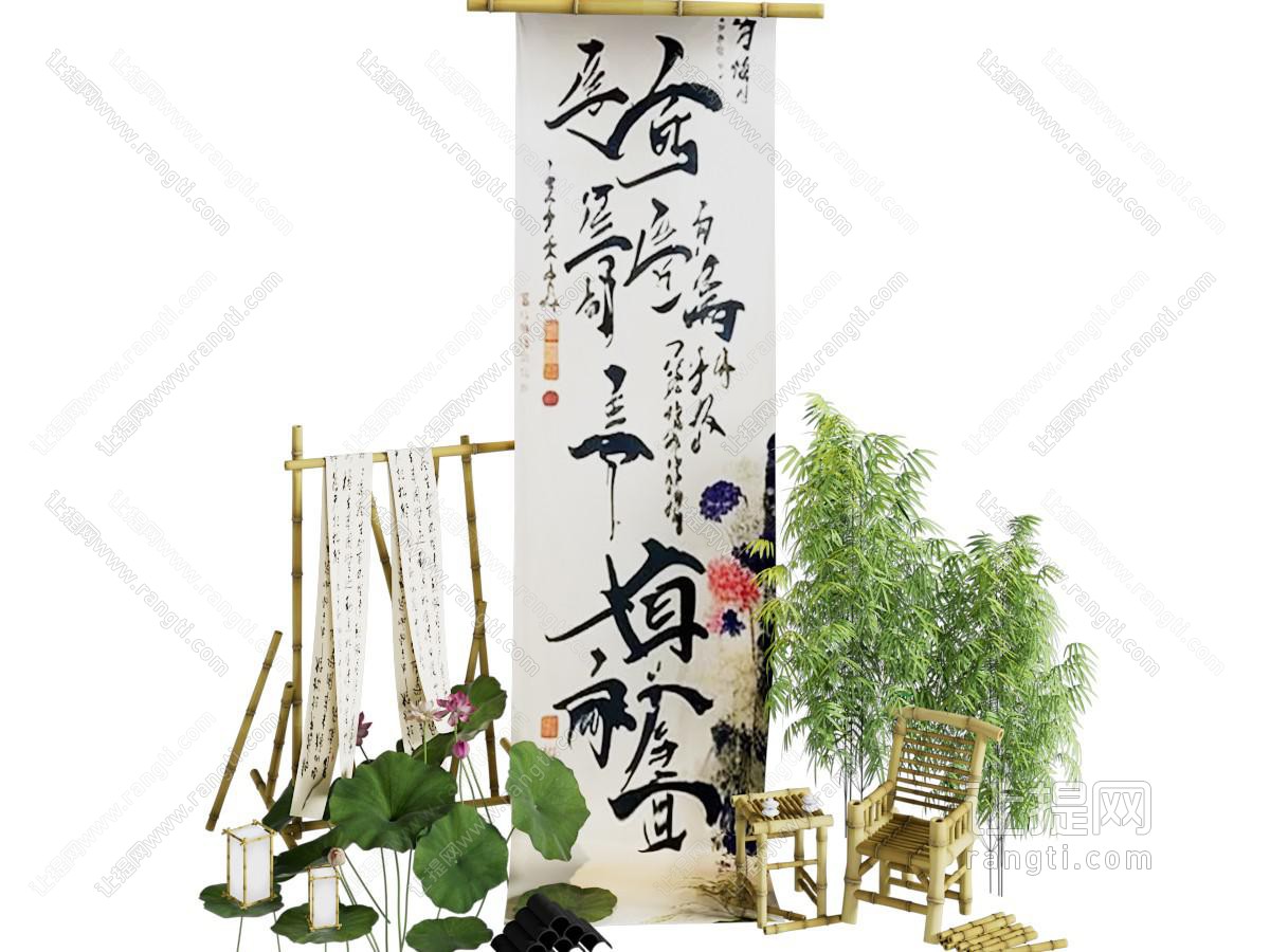 新中式美陈 户外装置 互动合影 竖幅 竹椅 荷叶