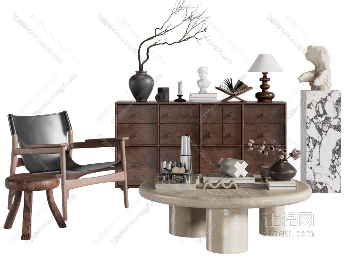 侘寂风中古玄关柜 休闲椅子和茶几组合