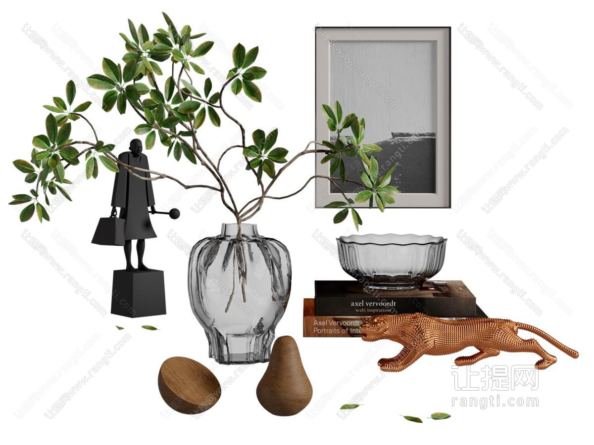 现代玻璃花瓶花卉 雕塑饰品摆件组合