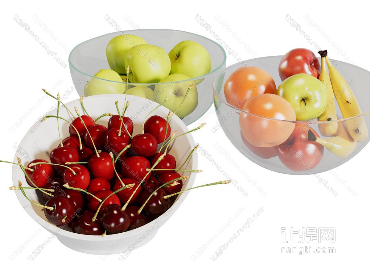 现代苹果 樱桃玻璃果盘 水果食物