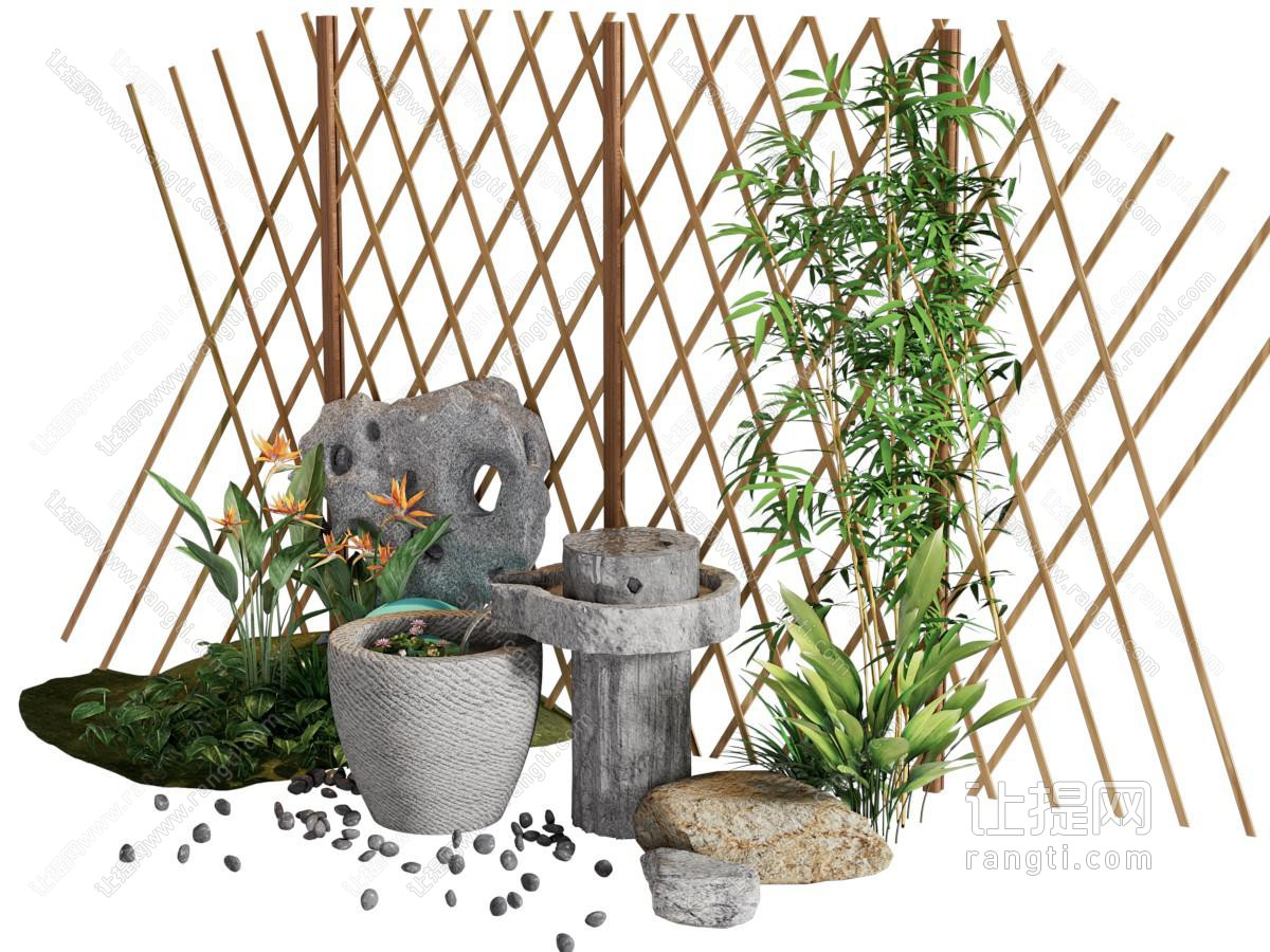 新中式假山 花草竹子 景观园艺小品