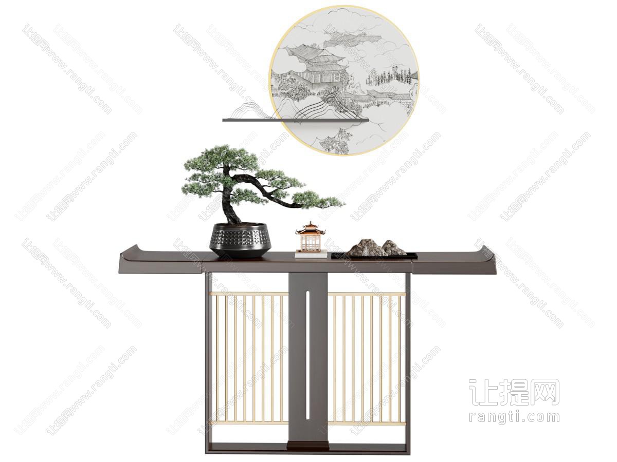 新中式端景台 盆景盆栽摆件组合