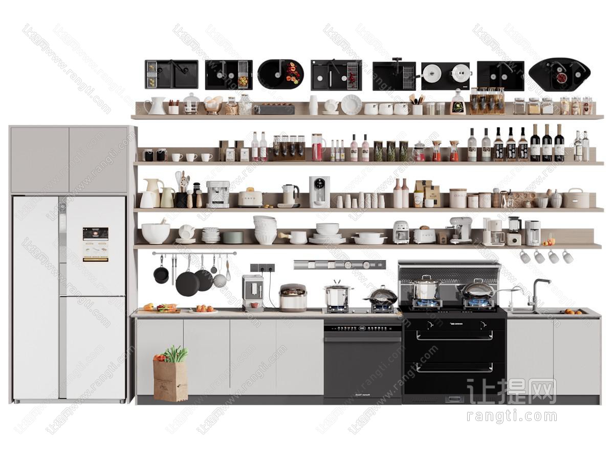 现代碗碟 调料瓶 集成灶 锅具 茶具杯子 厨具摆件组合