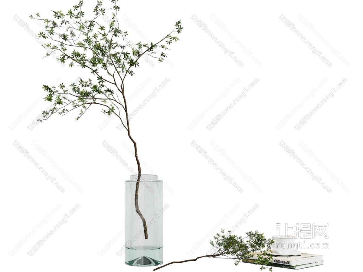 现代玻璃花瓶花卉 书本 摆件组合