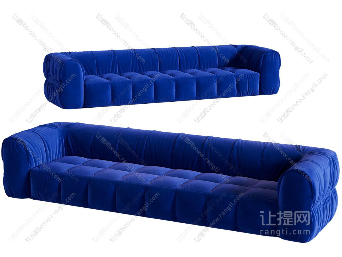 现代蓝色布艺多人沙发