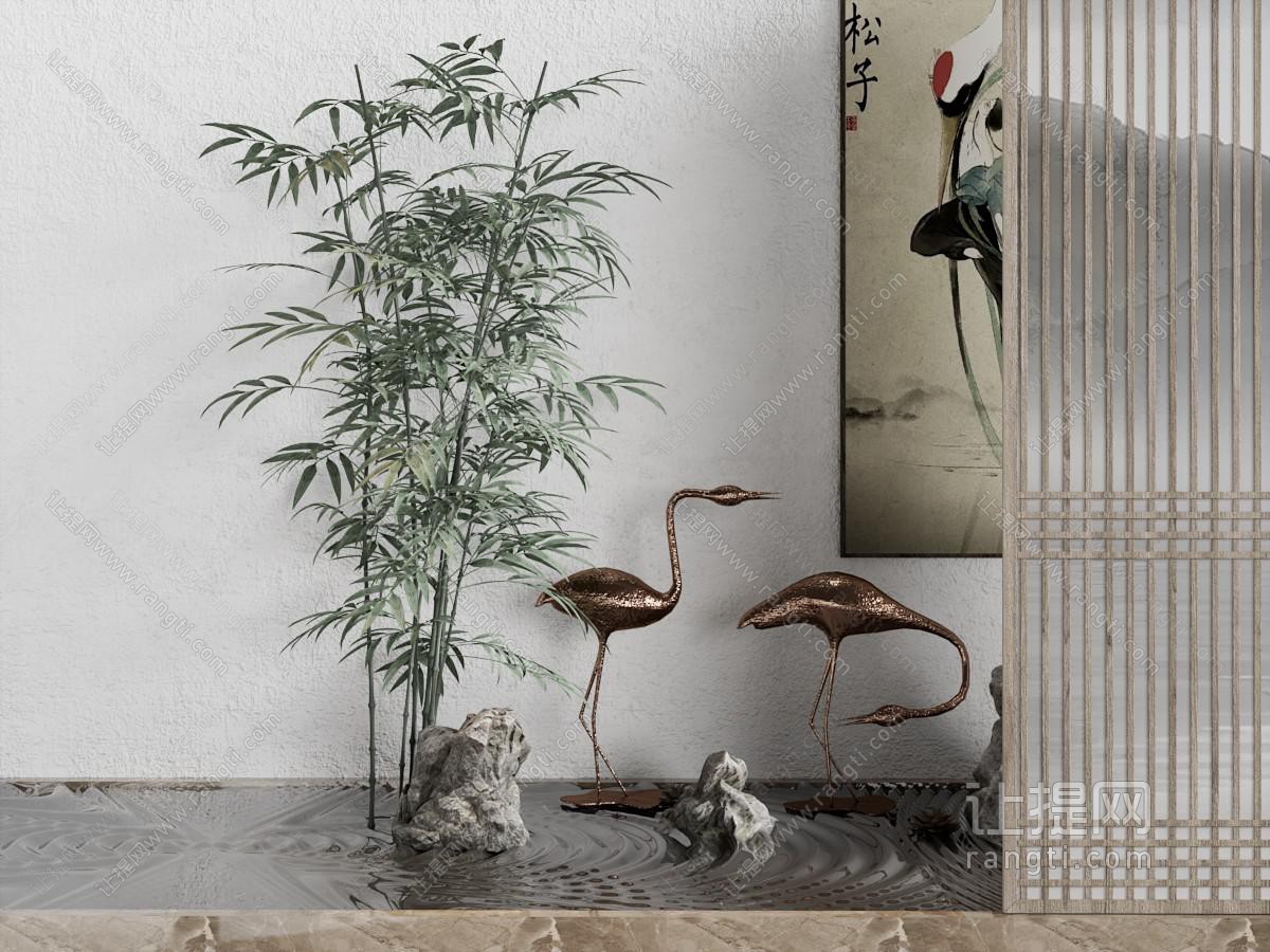 新中式仙鹤 竹子 假山 室内景观园艺小品