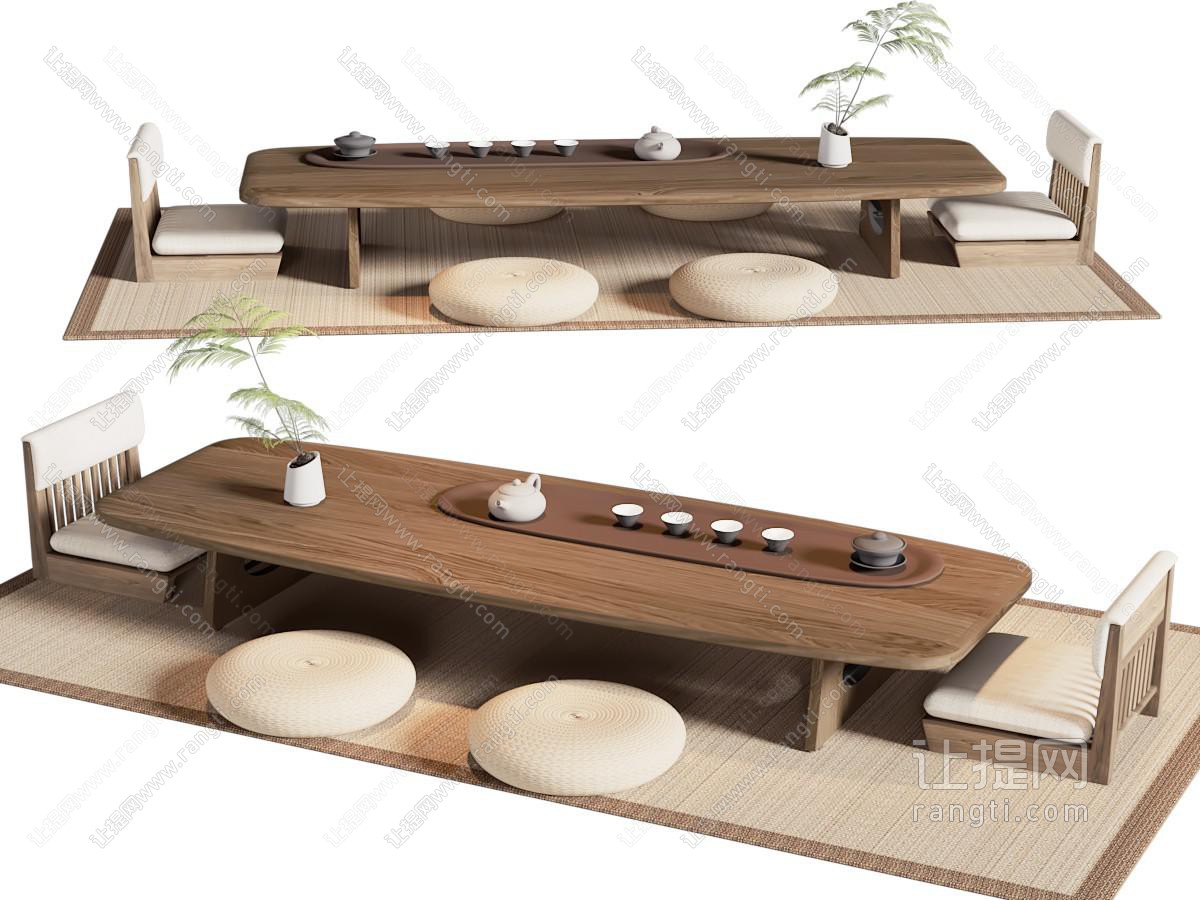 日式中古风茶桌椅组合 蒲团
