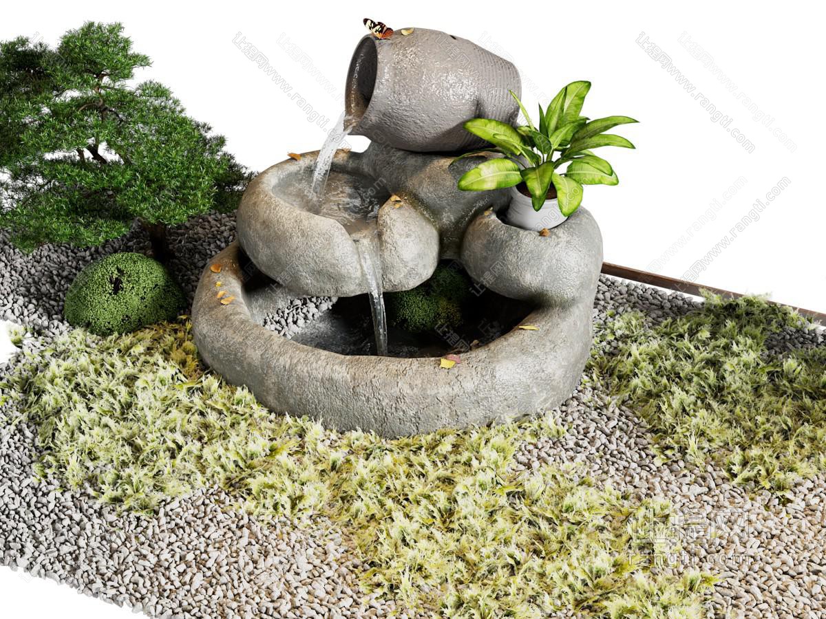 新中式松树 水井 石子景观园艺小品