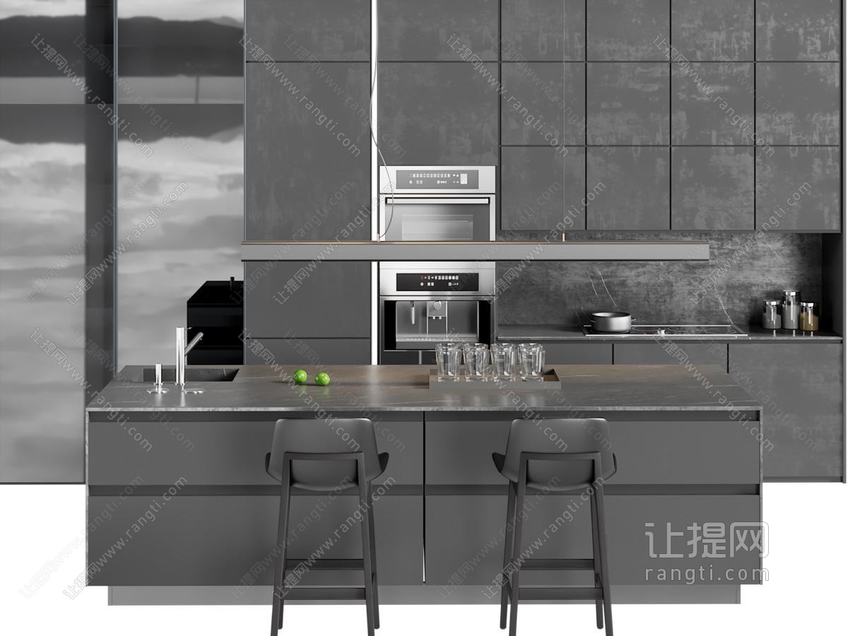 现代整体橱柜 厨房中岛台 吧椅