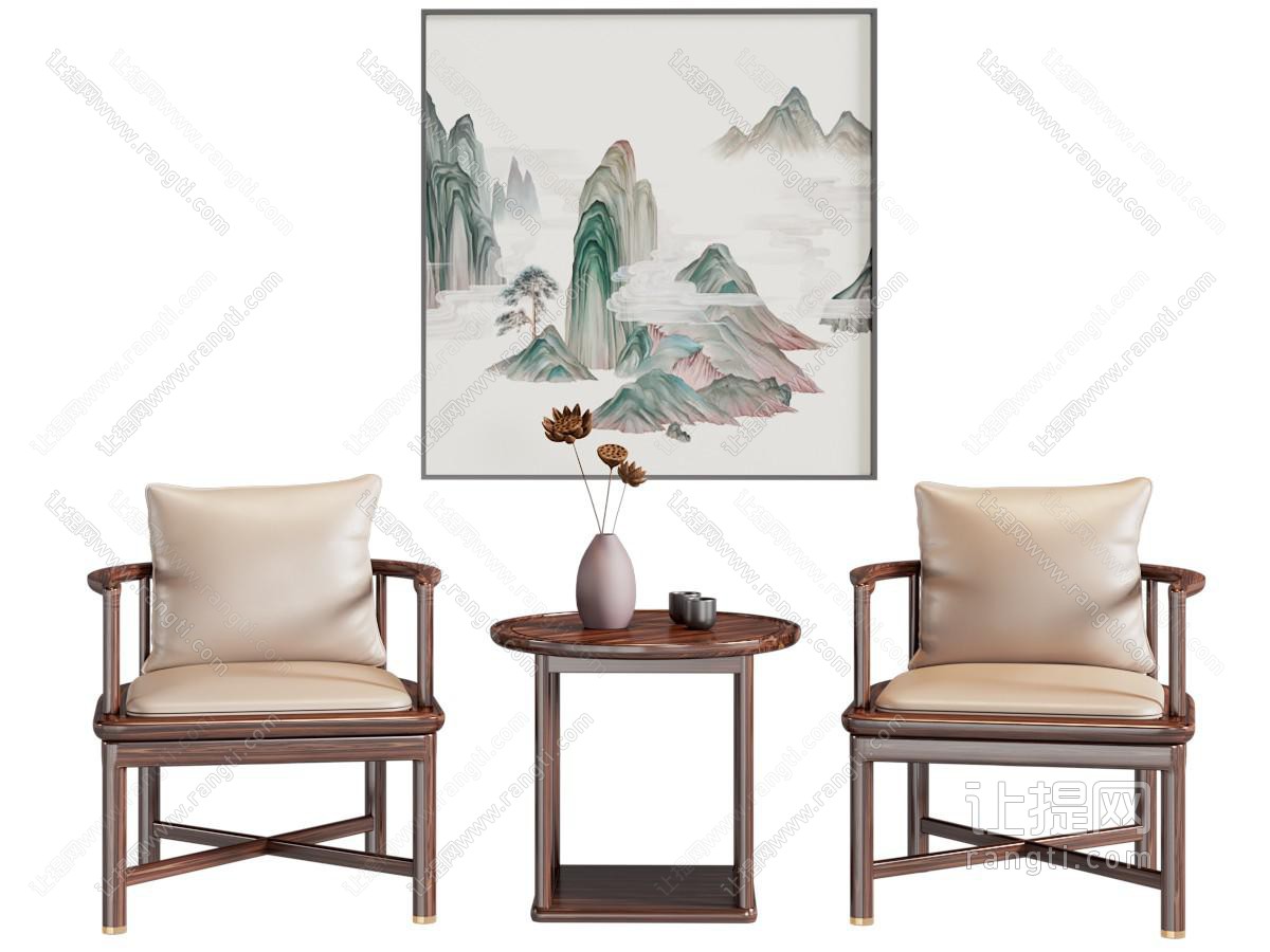 新中式休闲椅子 扶手椅子 边几 挂画