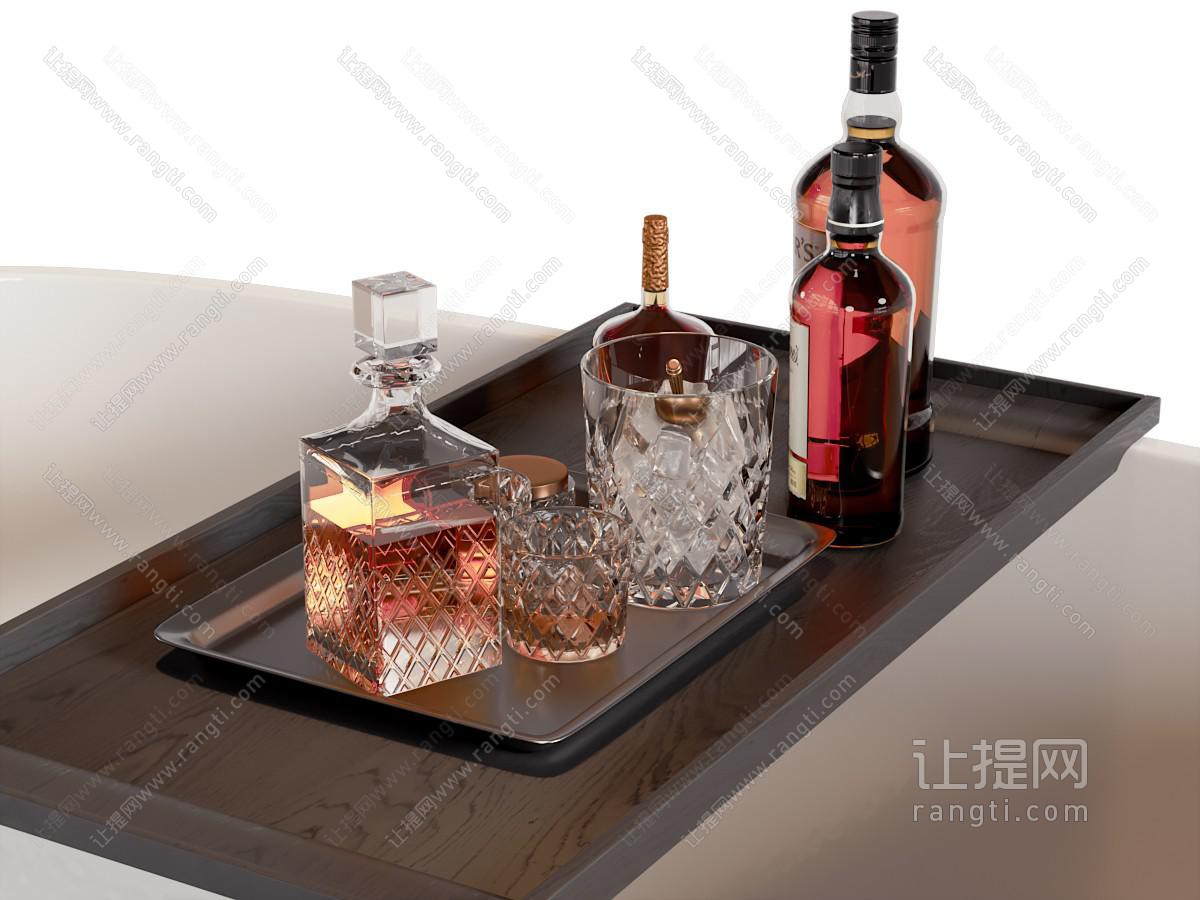现代托盘 洋酒 酒瓶酒杯