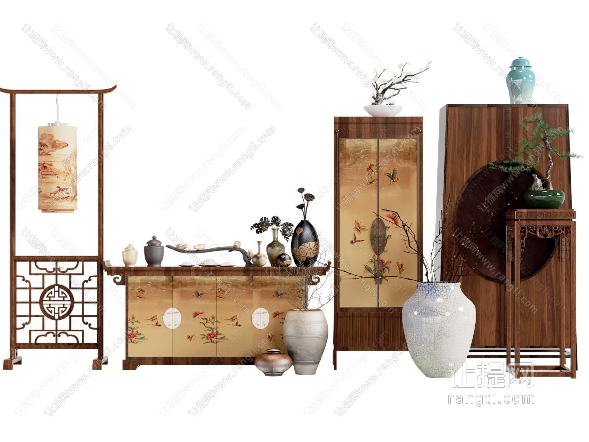 新中式中古风玄关柜 衣架 花架