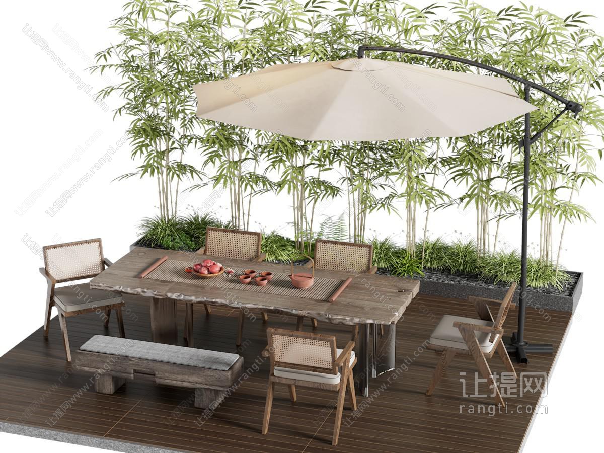 侘寂中古户外休闲桌椅 遮阳伞 竹子 景观