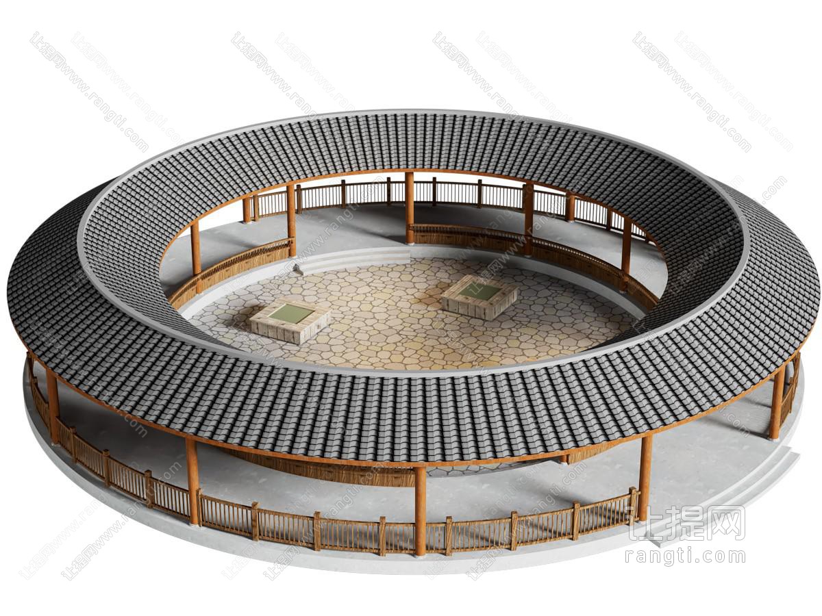 新中式圆形走廊 廊架 连廊