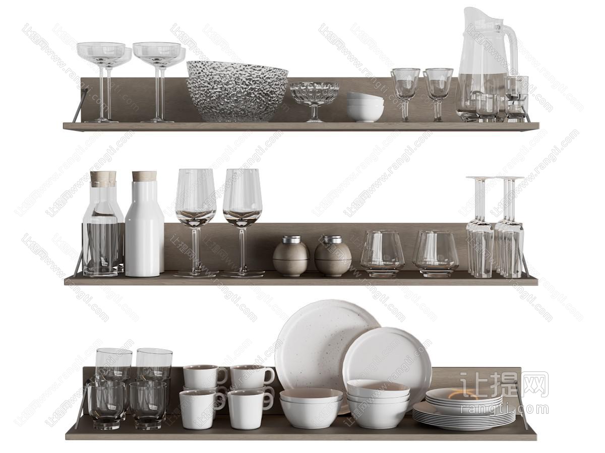 现代墙面置物收纳架 高脚杯 茶具杯子 碗碟 厨具 摆件组
