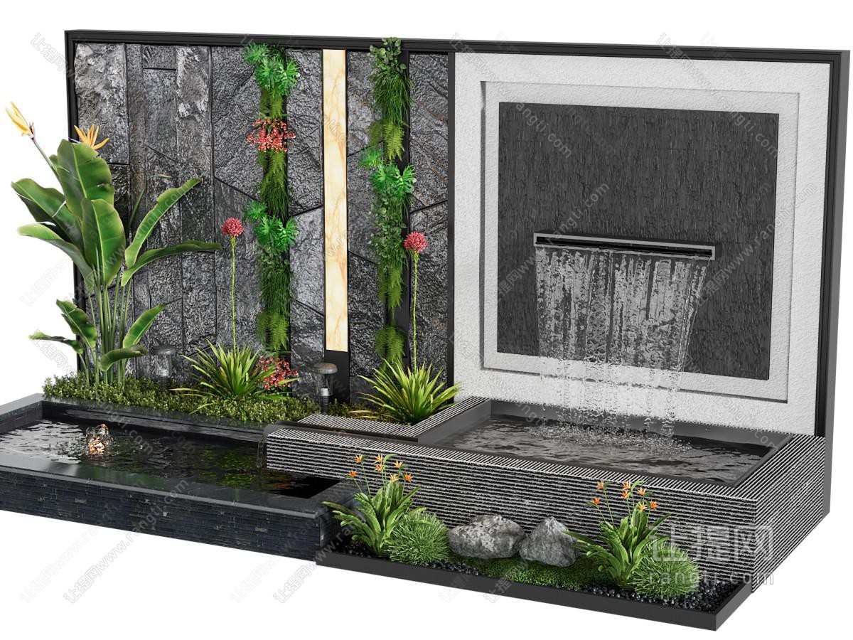 现代庭院瀑布水景 花草 植物景观园艺小品