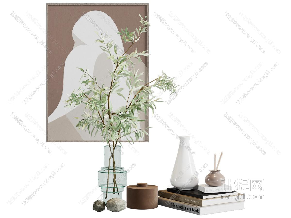 现代玻璃花瓶花卉 书本 摆件组合