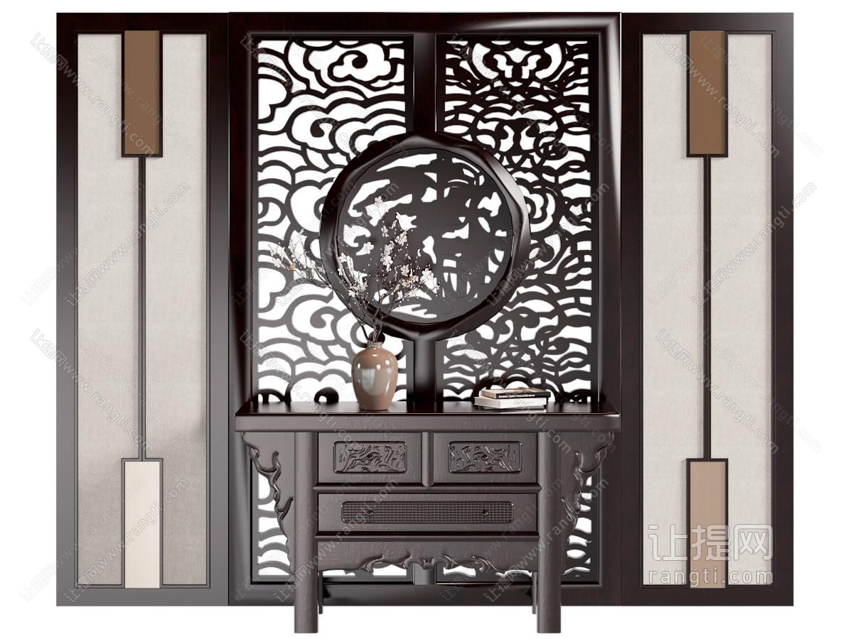 中式镂空祥云雕花背景墙 端景台