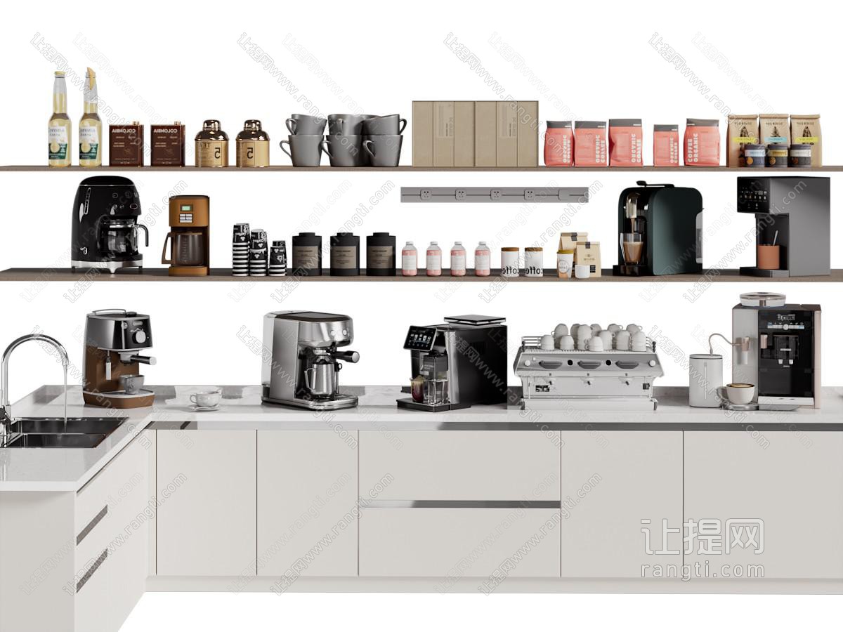 现代厨房电器 茶具杯子 厨具摆件组合