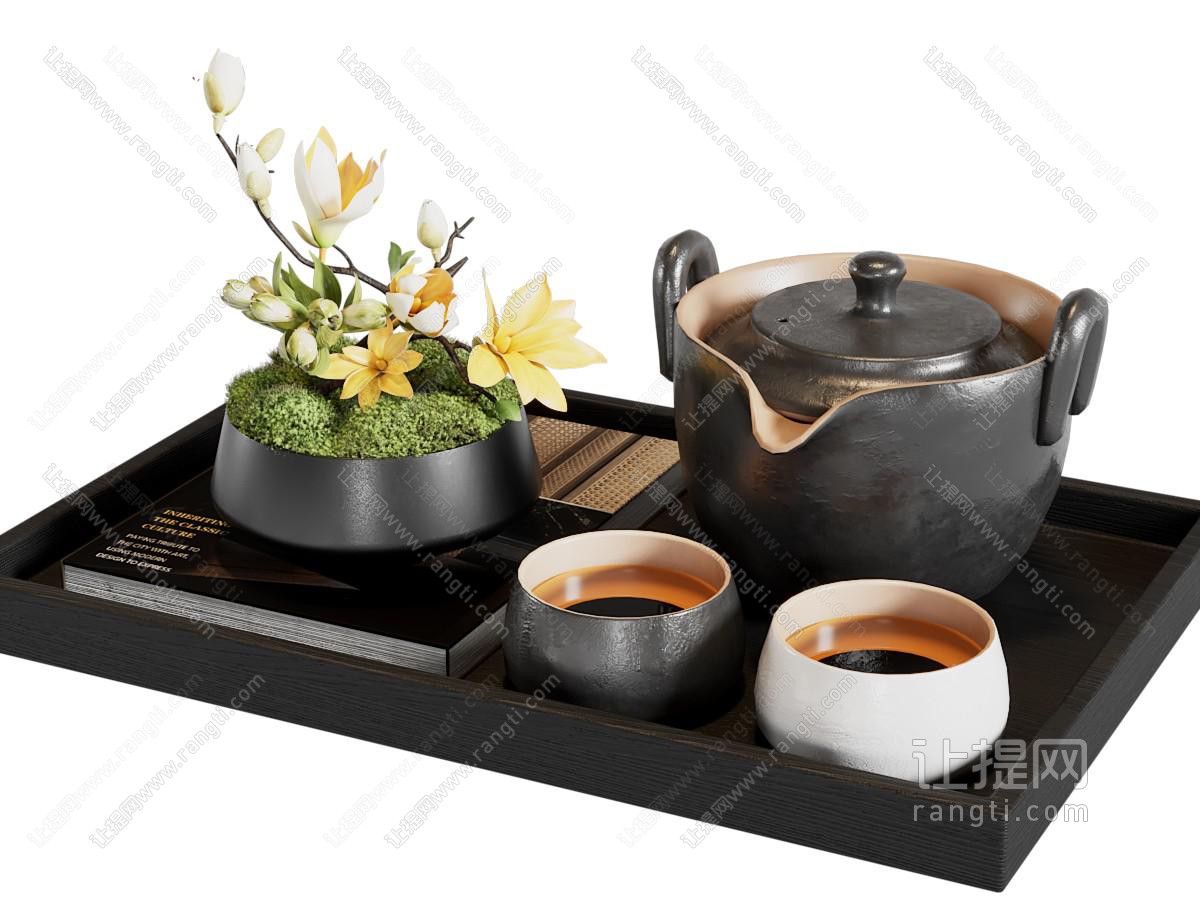 新中式托盘 茶壶 茶杯 花盆盆栽植物 摆件组合