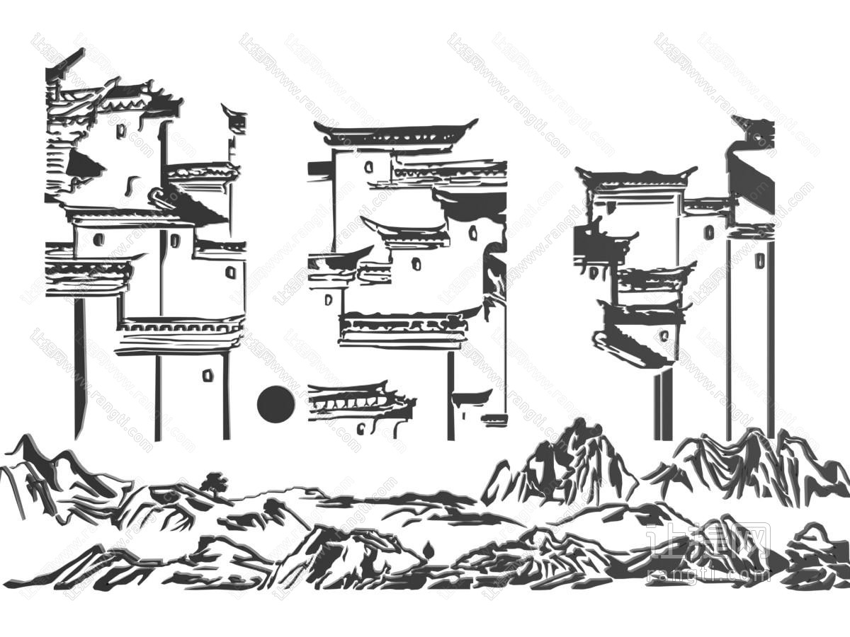 新中式建筑剪影 剪纸 墙饰 墙贴
