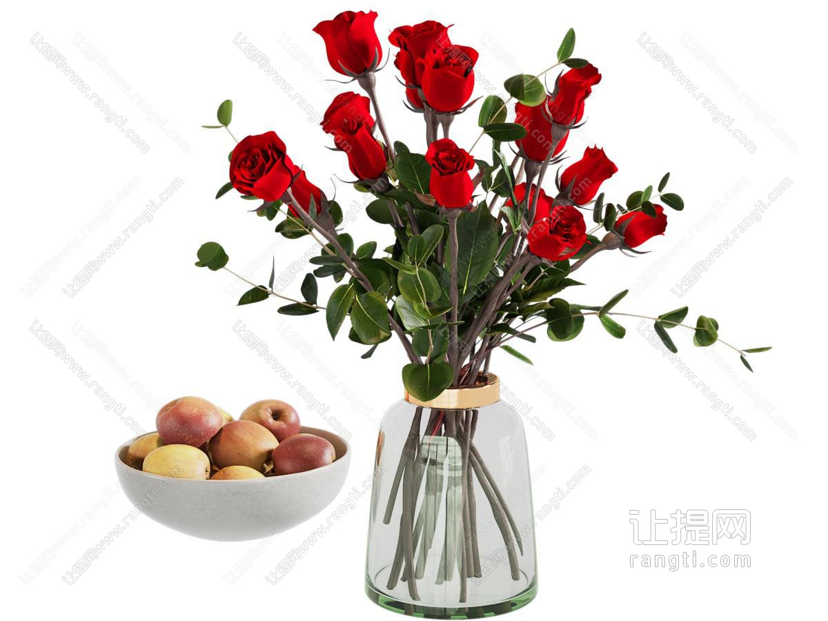 现代玫瑰花花瓶花卉 果盘