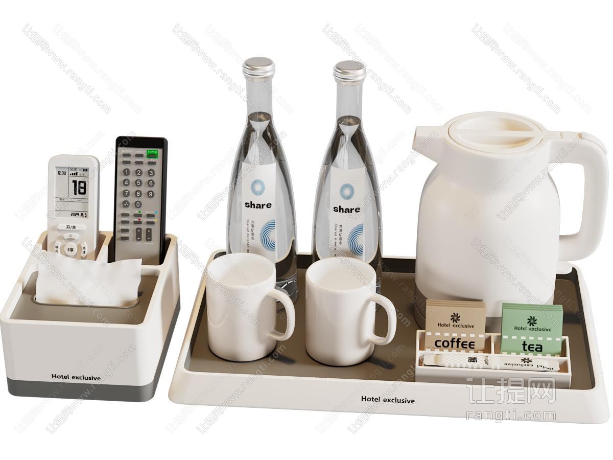 现代酒店茶壶 茶杯 矿泉水摆件组合