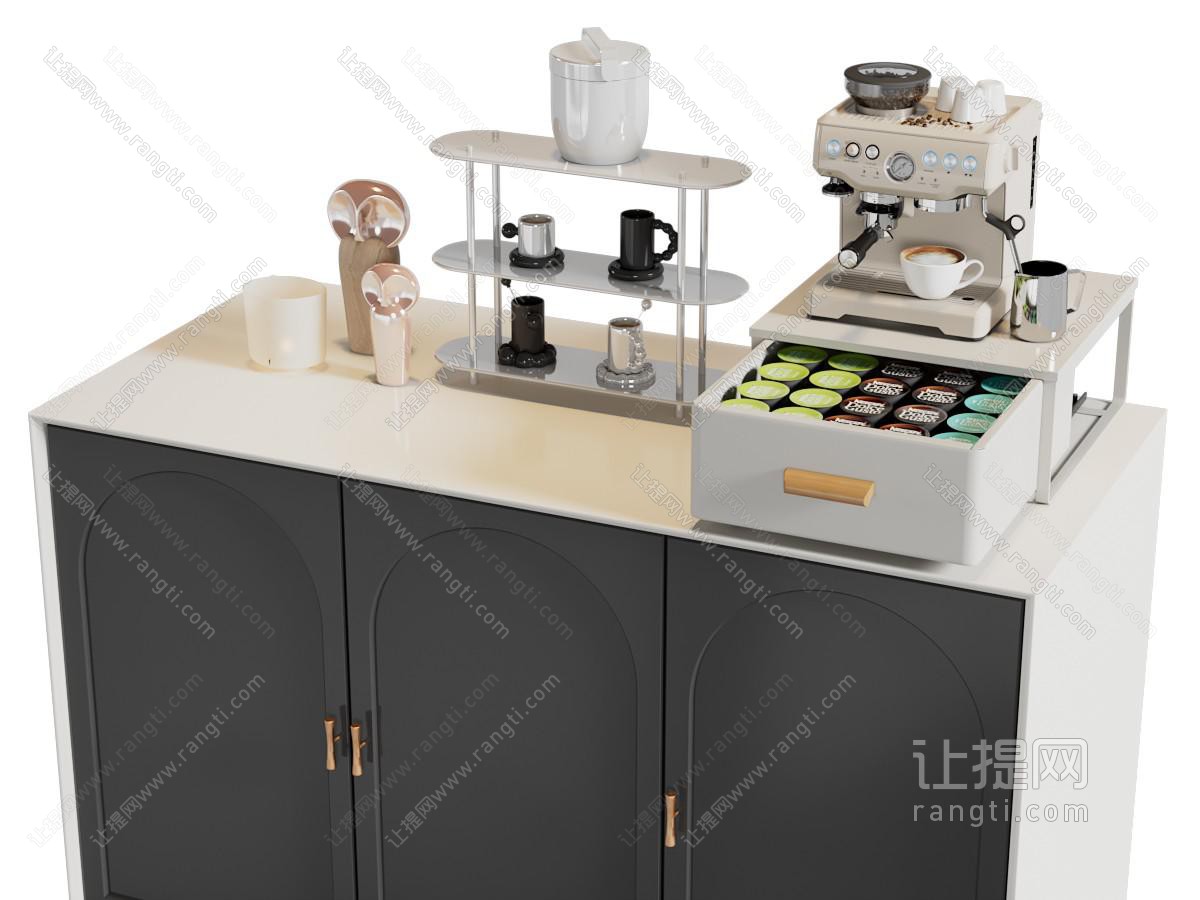 现代咖啡机 抽屉置物架 咖啡杯 厨房摆件