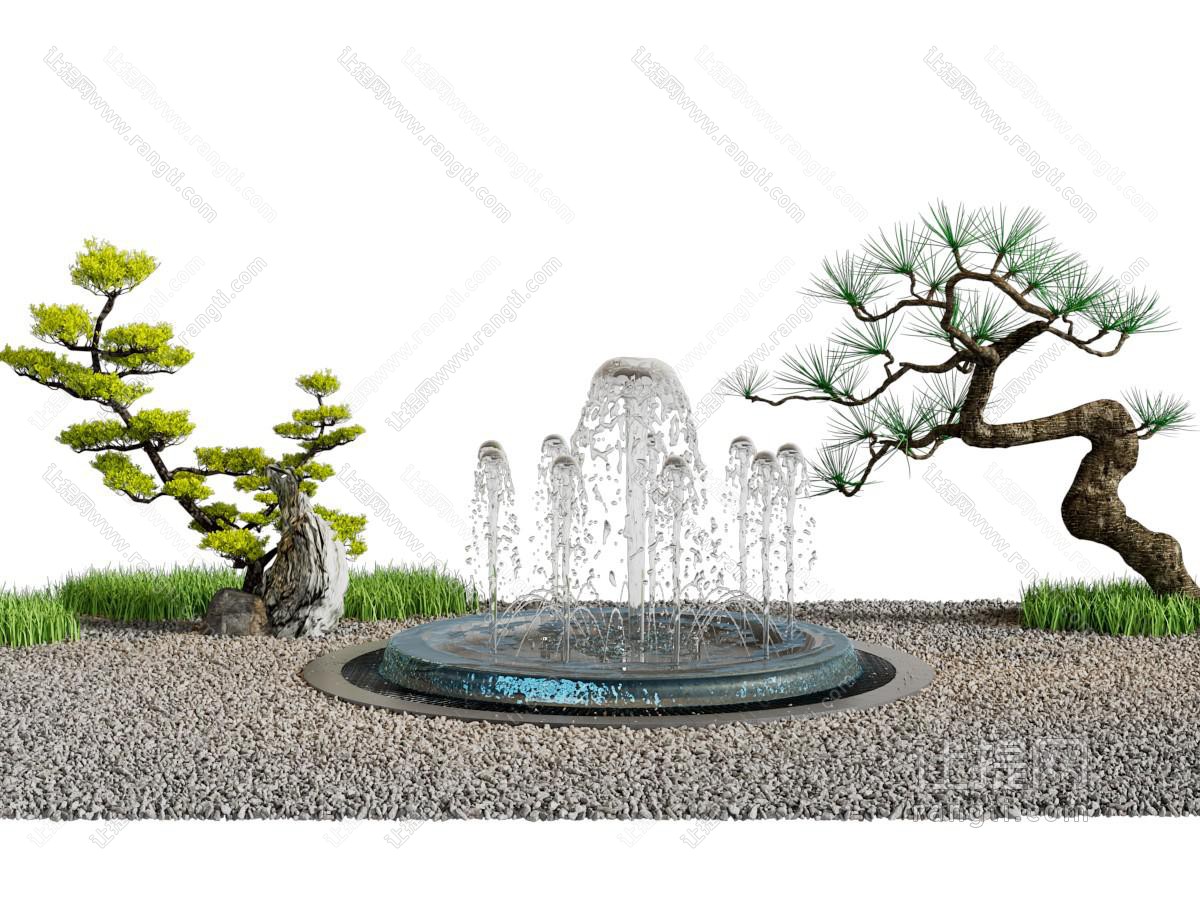 新中式喷泉 松树 石子景观园艺小品