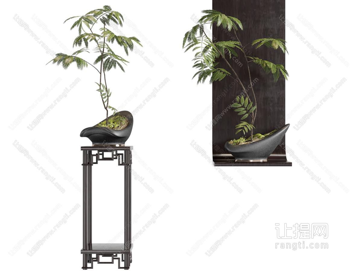新中式花架 盆景盆栽 摆件组合