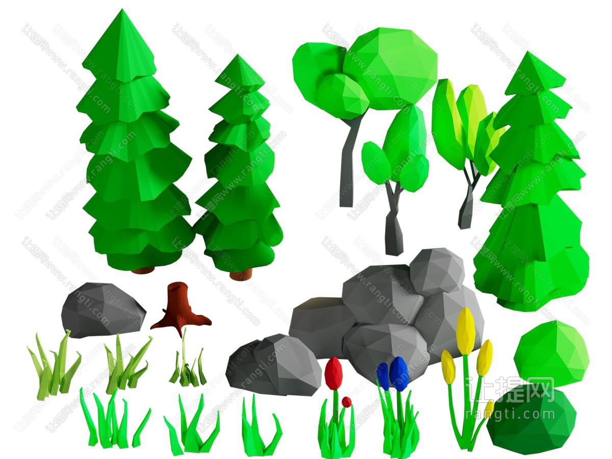 现代卡通植物 石头 场景文件