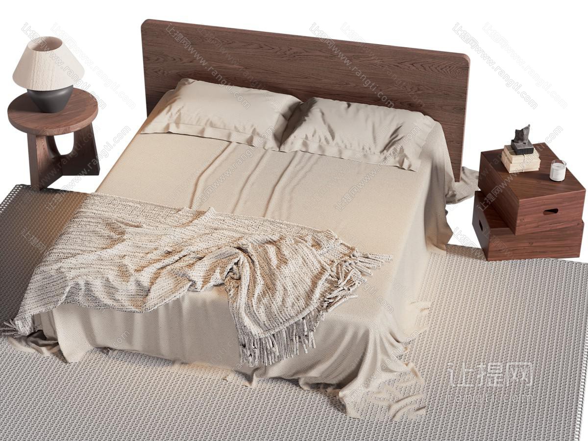 侘寂风中古双人床 床头柜