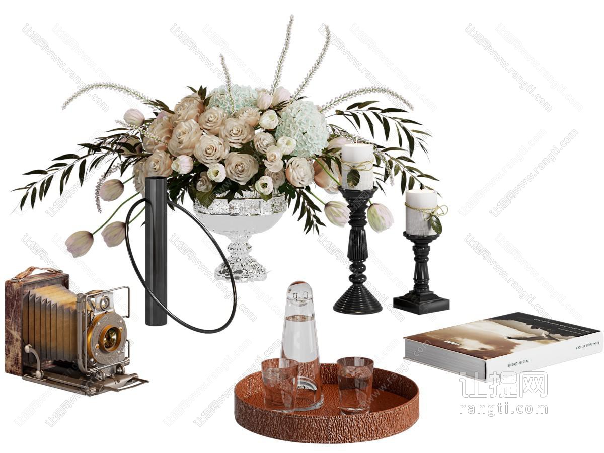 法式花瓶花卉 茶具杯子 烛台 摆件组合