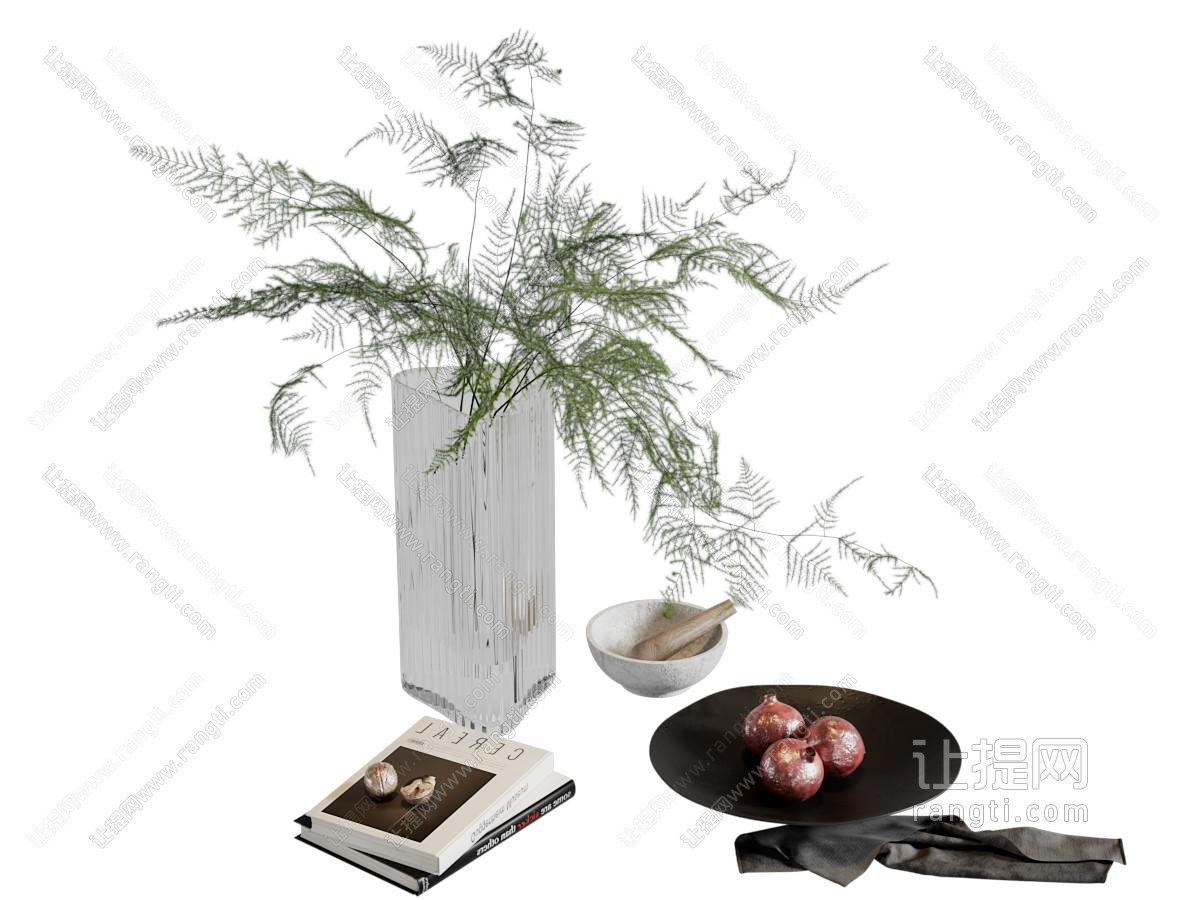 现代玻璃花瓶花卉 果盘 书本摆件组合