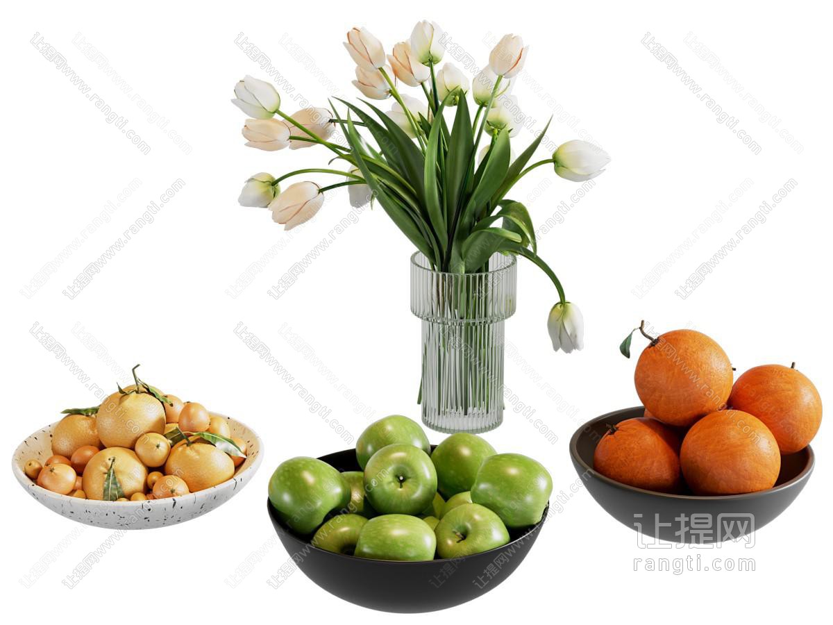 现代橘子 苹果 食物 花瓶花卉 摆件组合