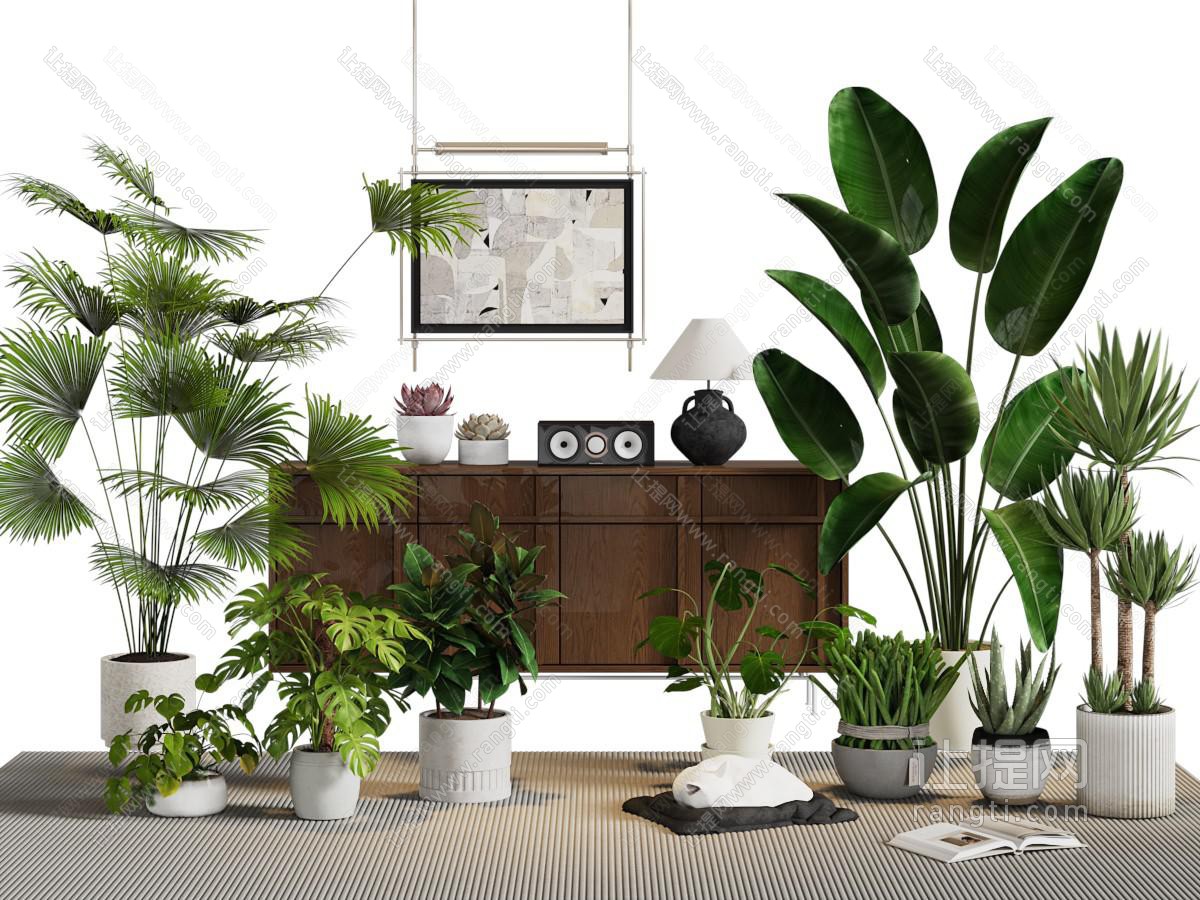 现代中古风玄关柜 花盆盆景盆栽植物