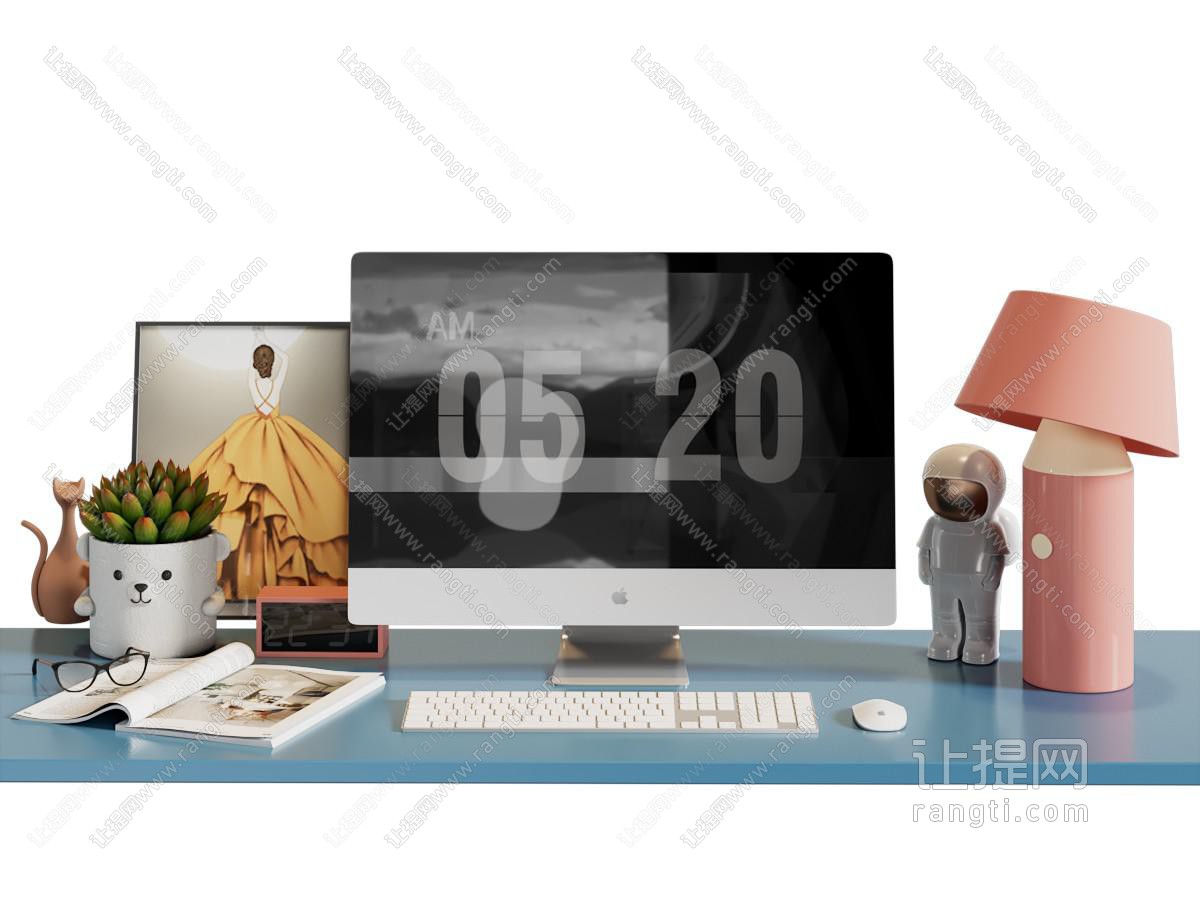现代电脑显示屏 鼠标键盘 台灯摆件组合