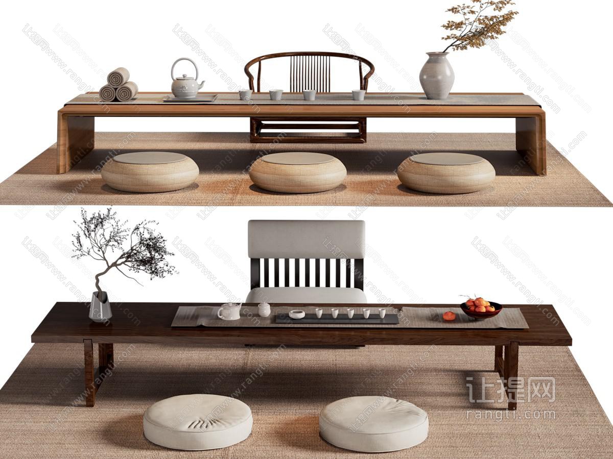新中式茶桌 蒲团组合