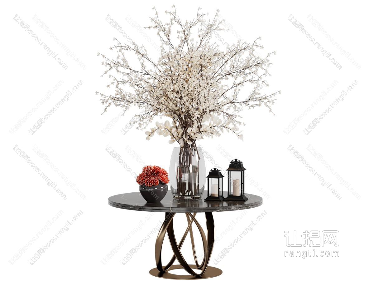 现代圆形茶几 花瓶花卉 烛台摆件组合