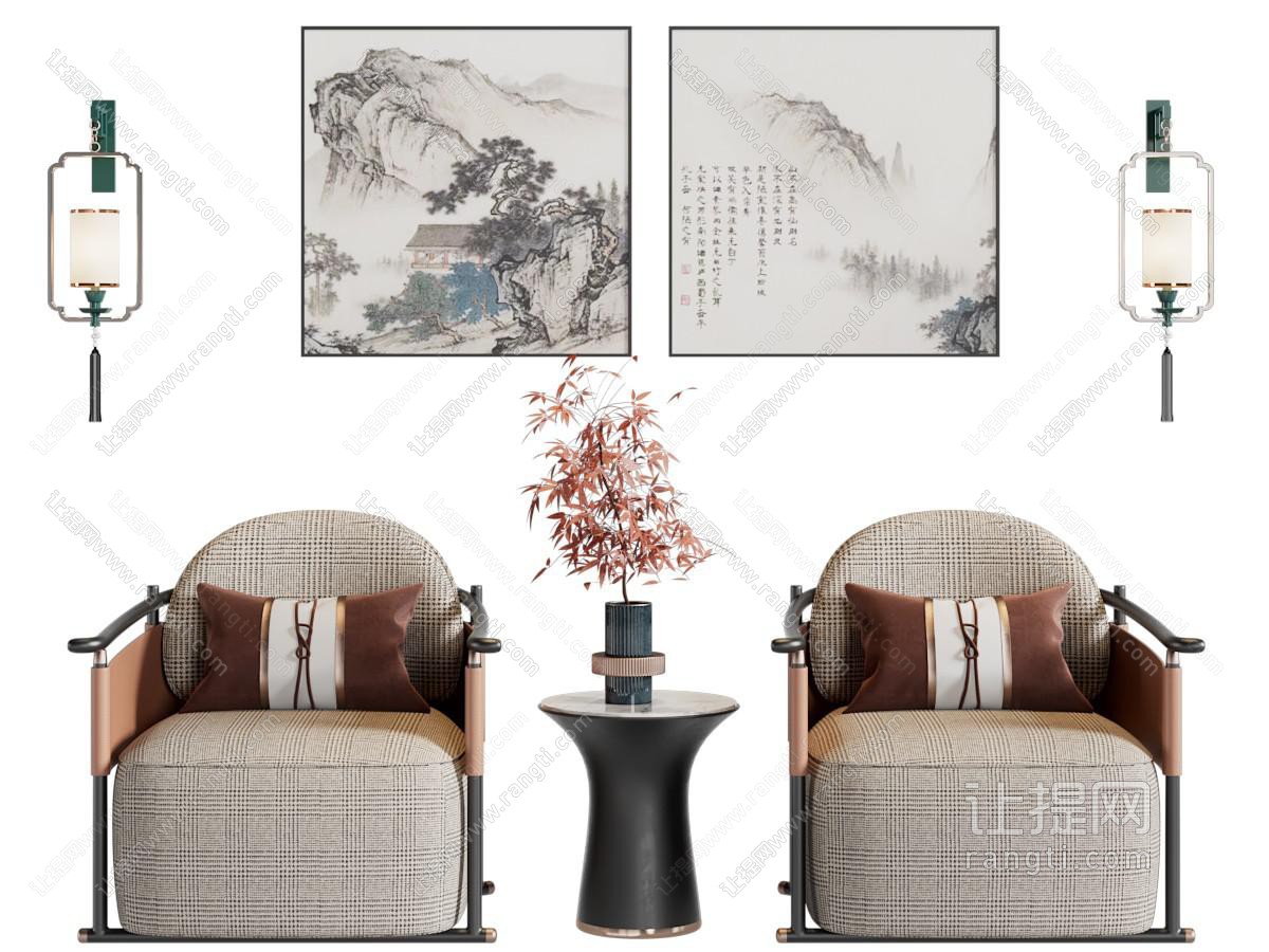 新中式单人沙发 边几 挂画