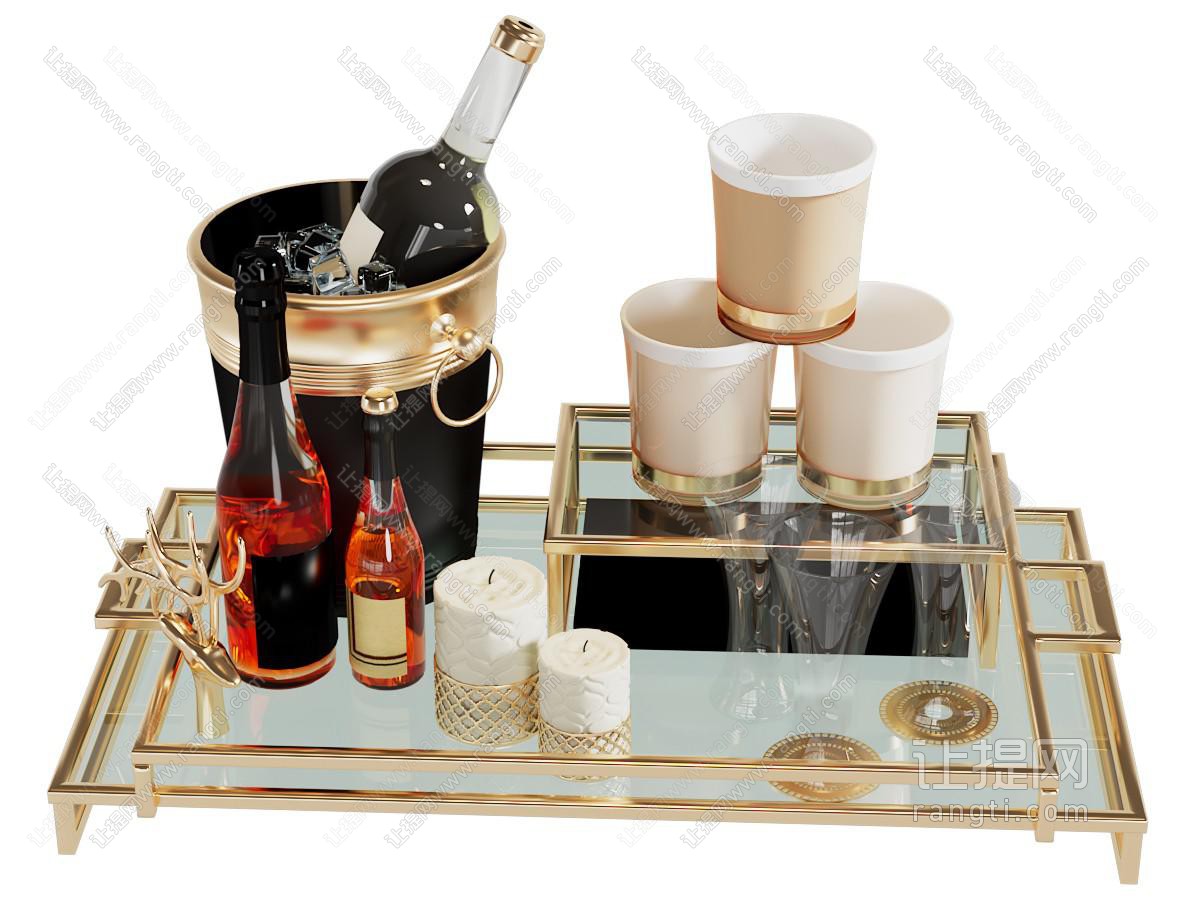 现代轻奢红酒桶 酒瓶酒杯 摆件组合