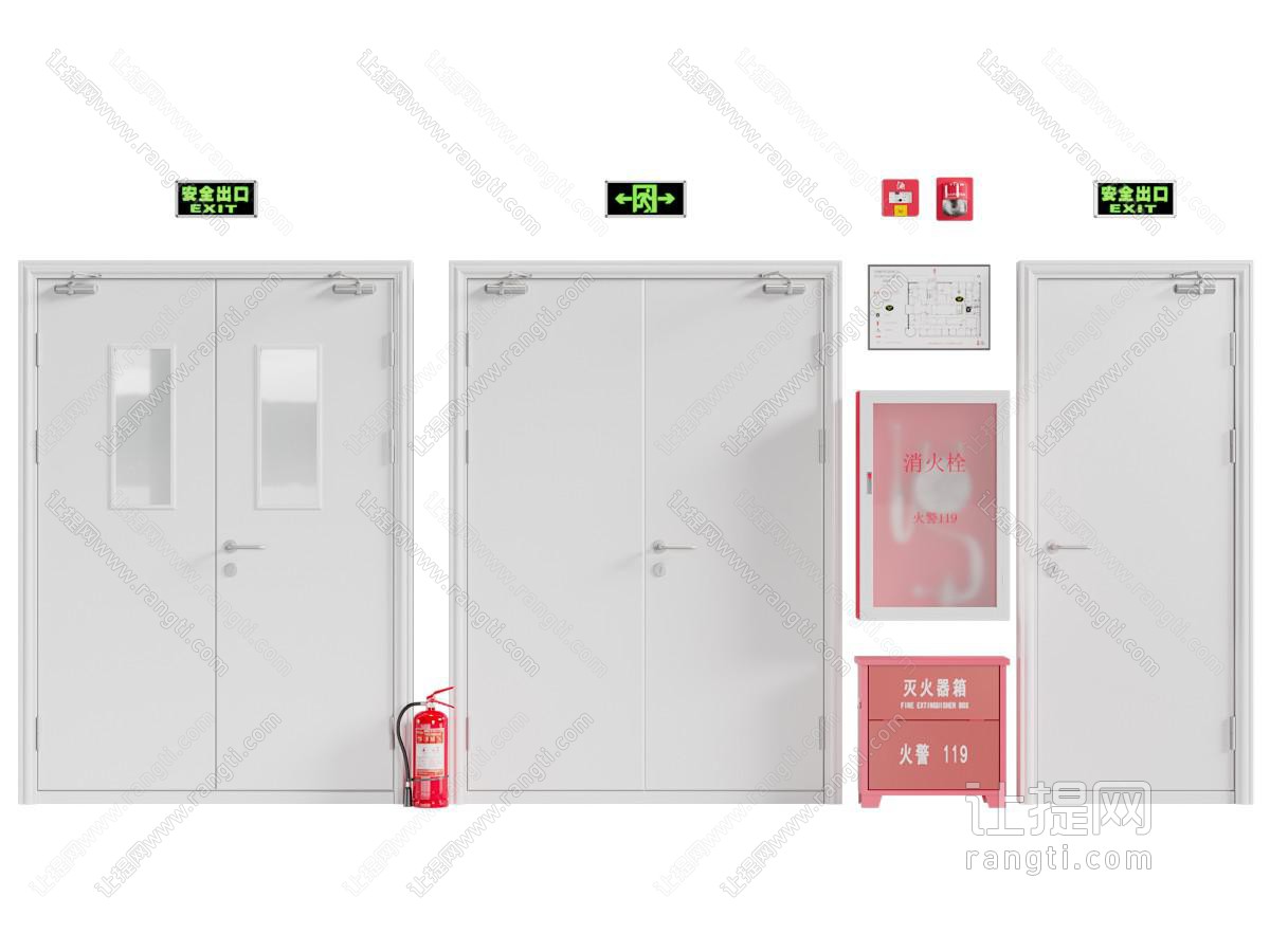 现代双扇平开门 防火门 消防门 灭火器 消防设备