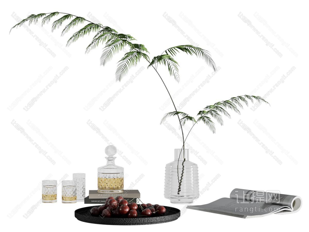 现代玻璃花瓶花卉 果盘 杂志和茶具杯子 摆件组合