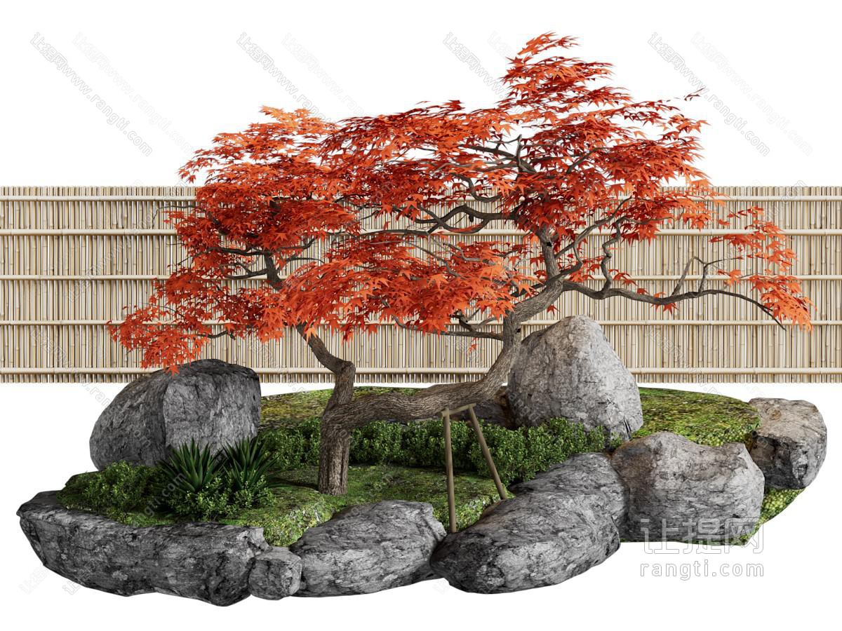 新中式枫树 石头 植被景观园艺小品