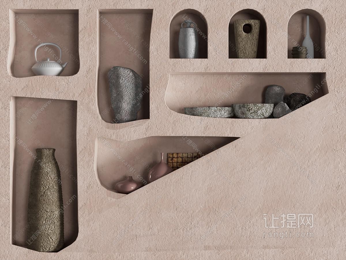 侘寂风墙面壁龛 陶艺器皿 摆件组合