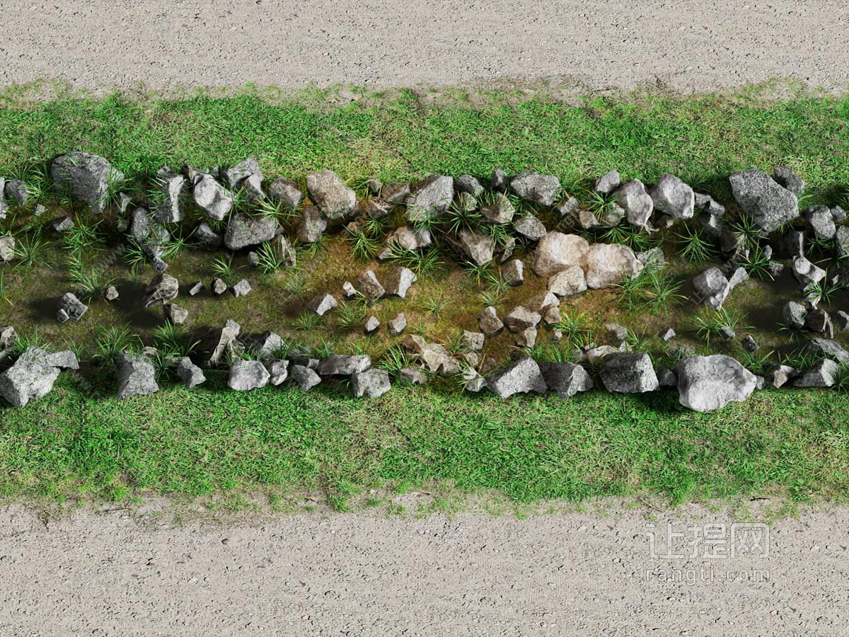 现代泥土 草坪 乱石堆 石头